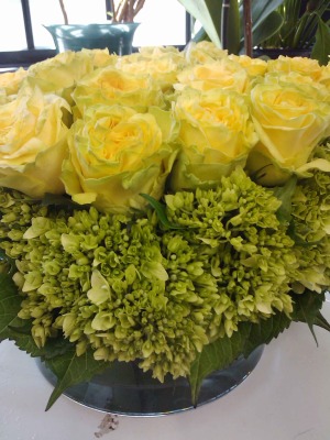yellow-rose-and-green-hydreangea-in-low-cylinder-$185